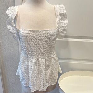White Windopane Pattern Tie-Back Blouse